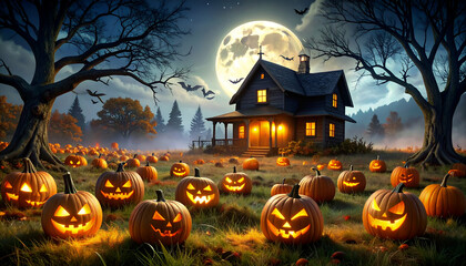 Halloween Night with Haunted House, and Pumpkins.