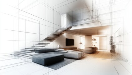 Modern living room interior blending 3D wireframe design with realistic elements and a floating staircase.