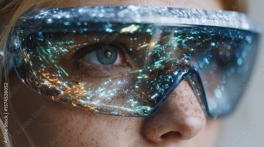 Poster close up of a person immersed in virtual reality with holographic lights reflecting on a sleek visor