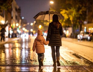 Mujer y nuño con paraguas en la ciudad dia de lluvia noche de lluvia