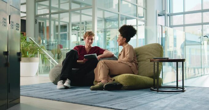 Internship, tablet and talking with business people in office for training program, creative project and partner. Learning opportunity, career launch and online progress with employees in startup