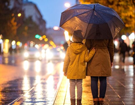 Mujer y nu&ntilde;o con paraguas en la ciudad dia de lluvia noche de lluvia