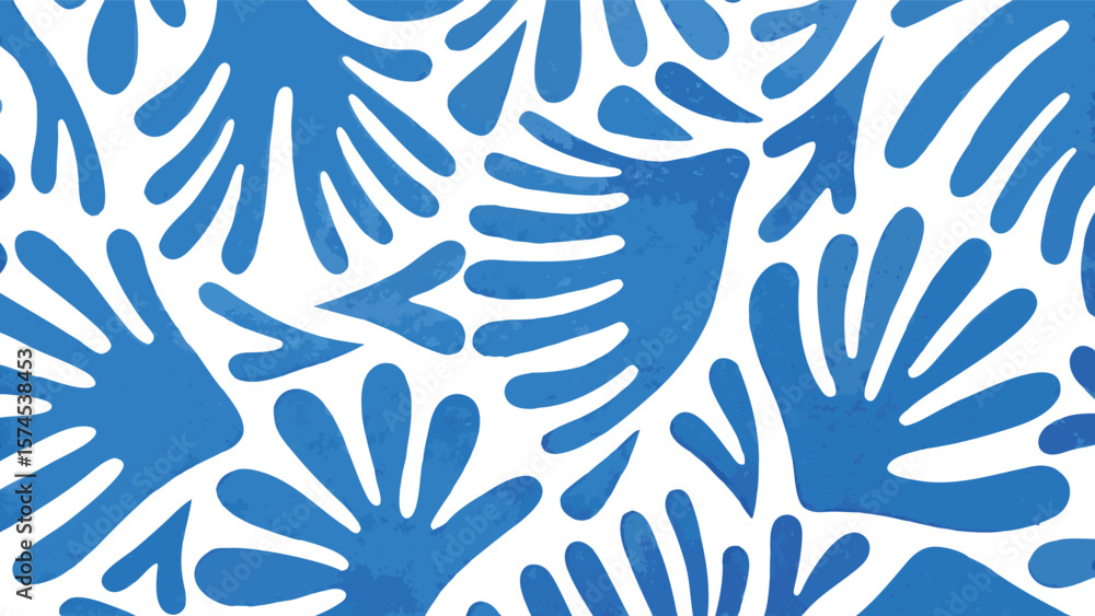 Poster blue abstract floral shapes on a white background creating a seamless pattern with a watercolor effe