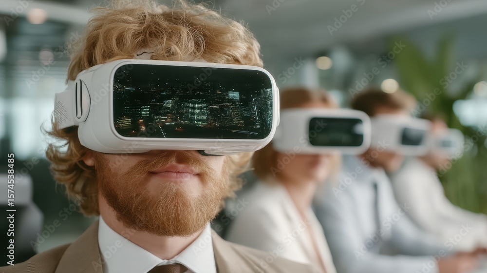 Poster virtual meeting with startup team in vr headsets focusing on digital pitch presentation in a modern 