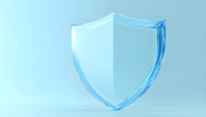 3D cartoon transparent blue shield emblem. Glossy crystal material, graphic design element for protection, security, privacy,
