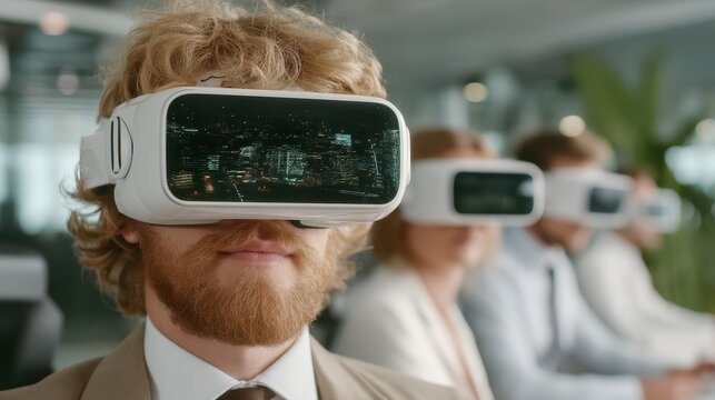 Virtual meeting with startup team in VR headsets focusing on digital pitch presentation in a modern office setting
