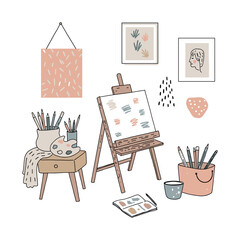 Artist workspace with easel, paints, and sketches in a stylish and cozy design