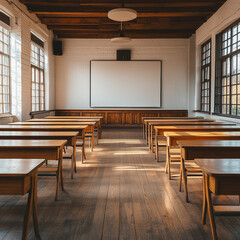 Empty classroom with a clean whiteboard and neatly arranged wooden desks. The space is quiet, well-lit, and organized, ideal for educational themes, academic environments, back-to-school concepts, and