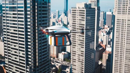 Drone flying through city delivering package. Delivery drone in urban landscape. Modern autonomous technology sending parcel footage. - Powered by Adobe