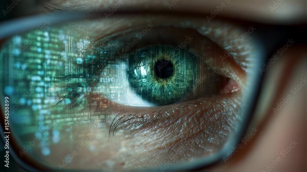 Poster close up of a programmer's eye wearing glasses, reflecting lines of code, showcasing the concept of 