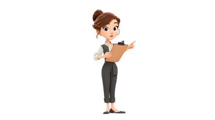 3D cartoon female manager holding clipboard and giving instructions, isolated white background