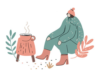 Cozy person sitting with coffee on a stool surrounded by plants in a minimalist style