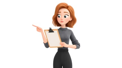 3D cartoon female manager holding clipboard and giving instructions, isolated white background