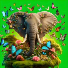 gajah di kelilingi bermacam jenis kupu-kupu 