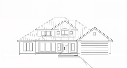 Front view of a modern house line art hand drawing in plain white background