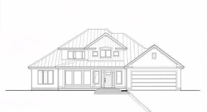 recommend clip art: Front view of a modern house line art hand drawing in plain white background