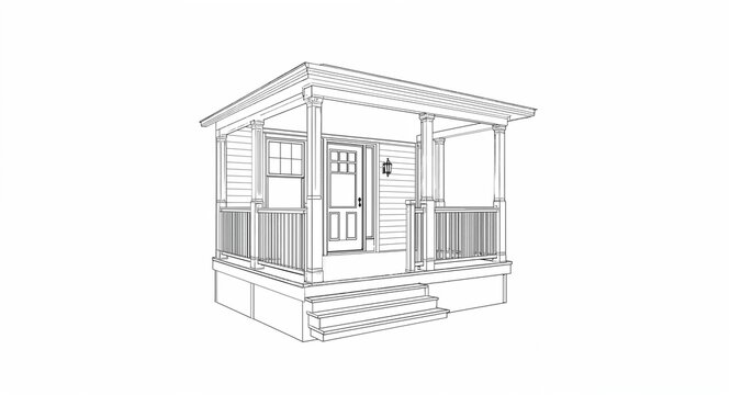 Angled perspective of front porch with main door and steps line art hand drawing in plain white background