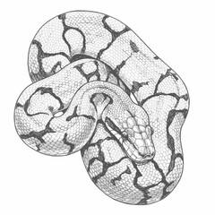  Ball Python – Python regius. An intricate coiled python sketch revealing patterned scales, with the snake tightly wound into a spiral shape. The drawing is set against a white background