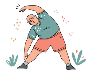 Elderly man stretching happily in casual sportswear with plants
