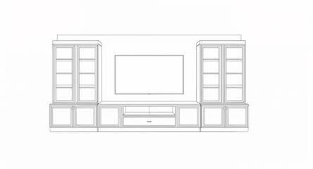 Perspective view of entertainment wall with cabinets and TV line art hand drawing in plain white background