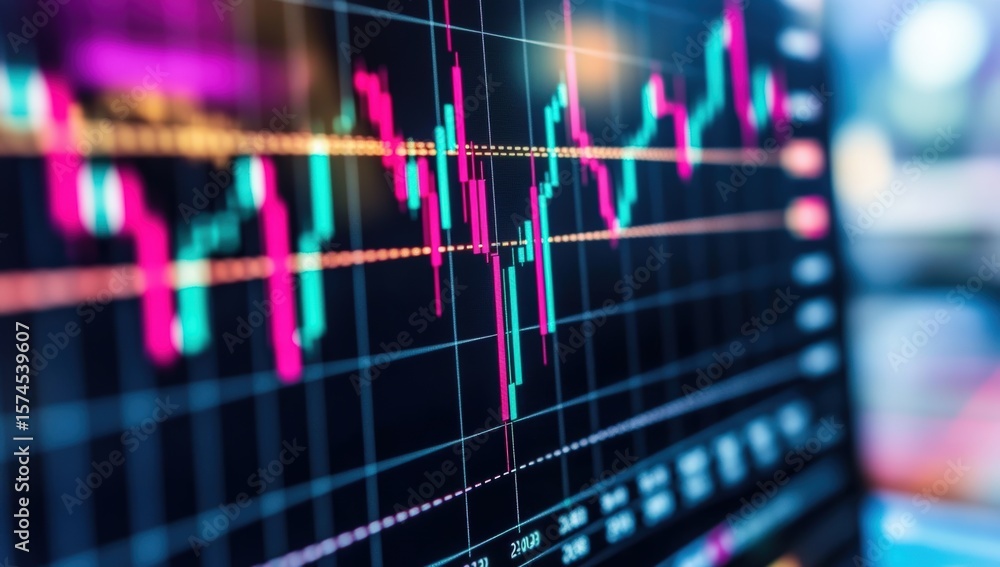 Poster a colorful financial chart displaying fluctuating stock market data on a digital screen with blue, p
