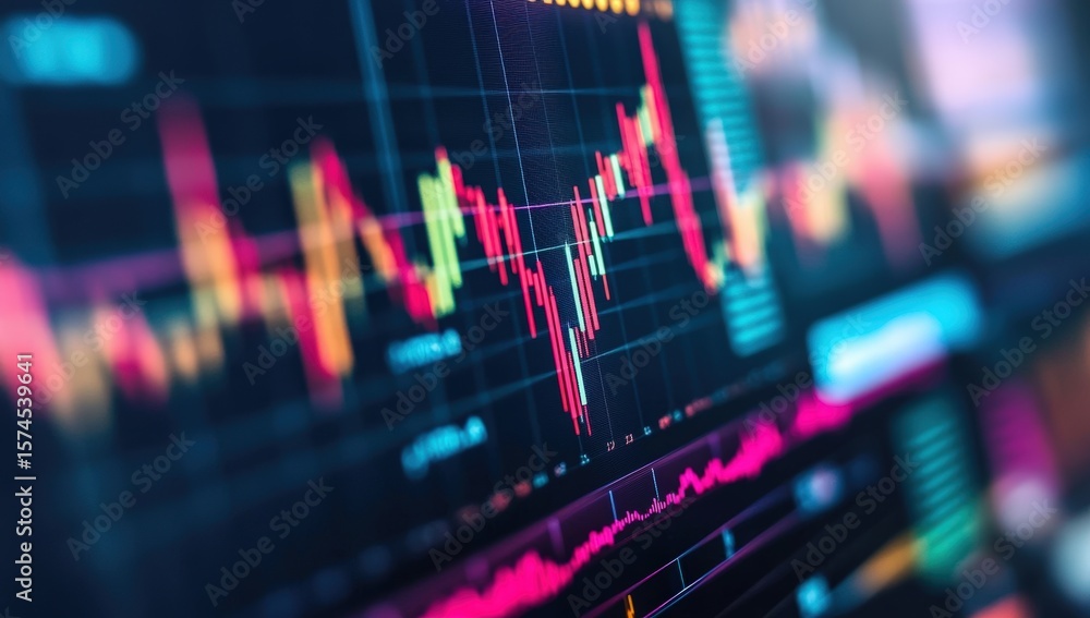 Poster colorful financial chart with candlestick patterns and data lines displayed on a digital screen, rep
