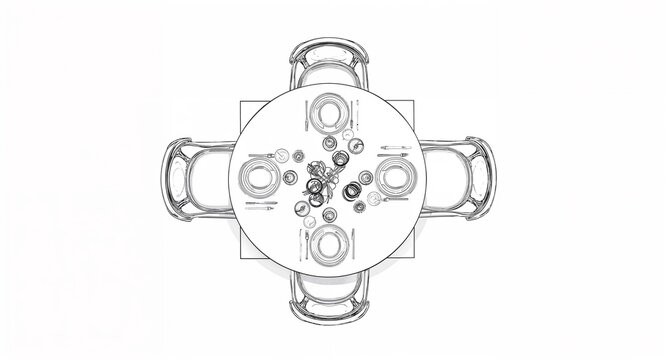 Top down view of table setting and chairs in dining area line art hand drawing in plain white background