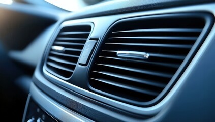 Fototapeta premium Close-up image of a car air vent with adjustable slats and a control button, highlighting the interior detail of the vehicle dashboard.
