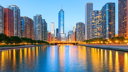 Naklejka premium City skyline at twilight reflecting in a river.