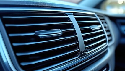Close-up image of a car air conditioning vent with adjustable slats inside a modern vehicle interior.