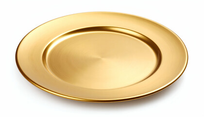 Gold charger plate with white background.