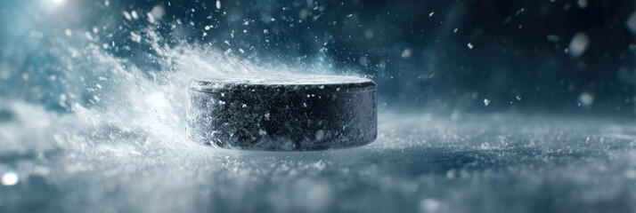 Ice hockey puck flying on icy surface with dynamic motion