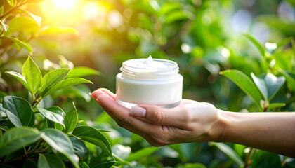 Hand holding cream with green nature.