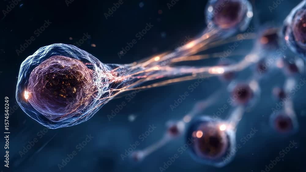 Poster closeup of embryonic stem cells in a dynamic abstract setting symbolizing their crucial role in adva
