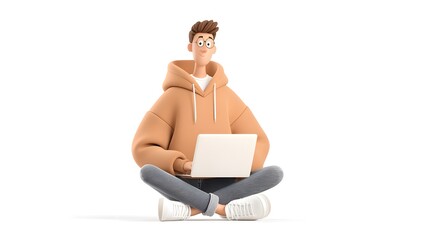 3D cartoon tech startup founder with laptop in hoodie and jeans, isolated white background
