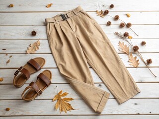 Top view of light brown pleated trousers on pale wooden board, styled with minimal leather sandals and dried leaves, soft natural lighting.