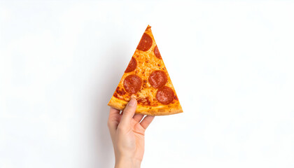 Hand holding pepperoni pizza slice.
