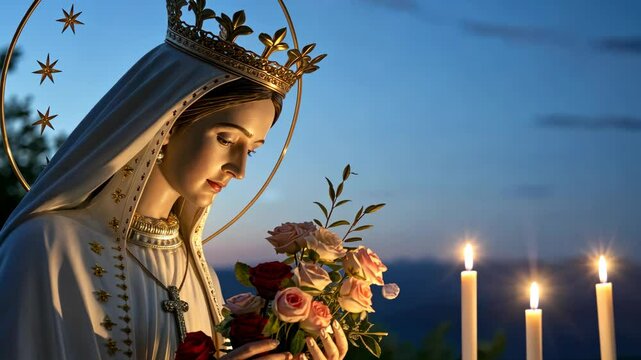 Holy Virgin Mary with halo and roses surrounded by candlelight at dusk