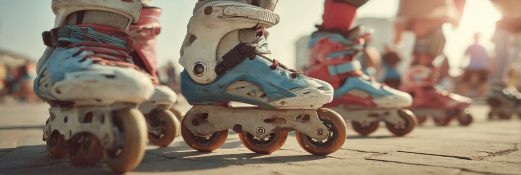 Close up of inline skates on sunny day in park