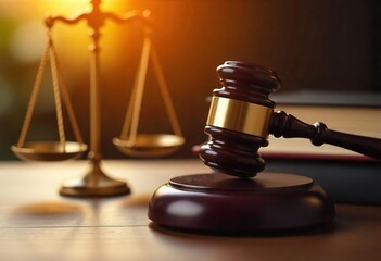 Justice in Session: Gavel and Law Book on a Wooden Desk
