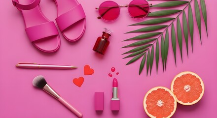 Pink flowers, candles and macaroons on pink background