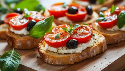 Sun-dried tomato, olive bruschetta with basil, creamy ricotta cheese on toasted bread. Italian antipasto featuring fresh ingredients