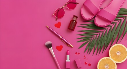 Pink tulips, macarons, candles and rose petals on pink background