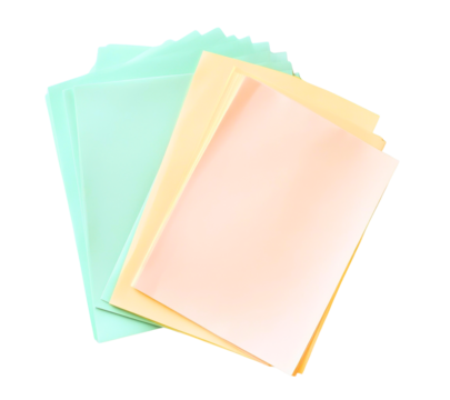 A stack of pastel colored paper folders and sheets of paper isolated on transparent background