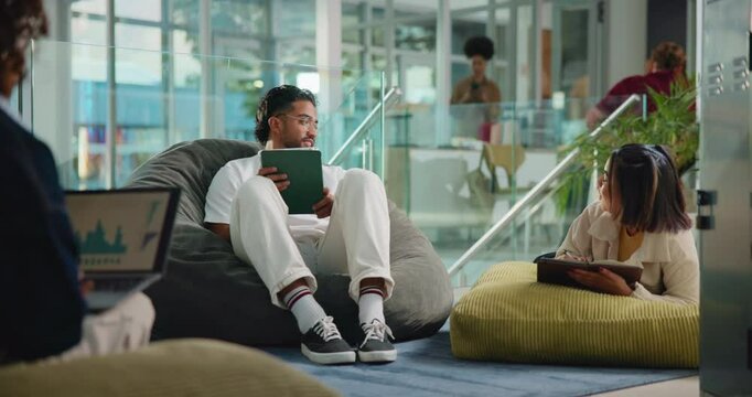 Internship, tablet and teamwork with business people in office for training program, creative project and partner. Learning opportunity, career launch and online progress with employees in startup