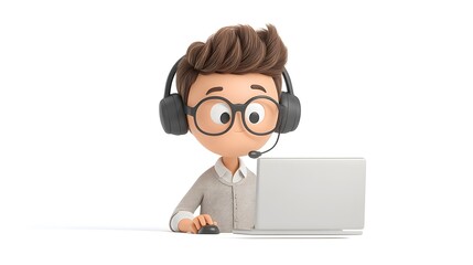 3D cartoon call center employee with headset and computer, isolated white background