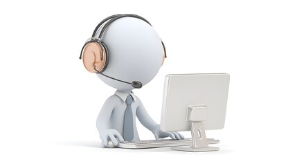 3D cartoon call center employee with headset and computer, isolated white background