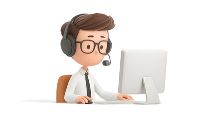 3D cartoon call center employee with headset and computer, isolated white background