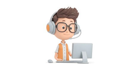 3D cartoon call center employee with headset and computer, isolated white background