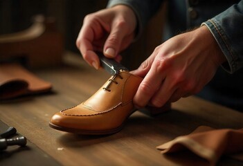 Artisan Crafting a Leather Shoe: Detailed Shoemaking Process